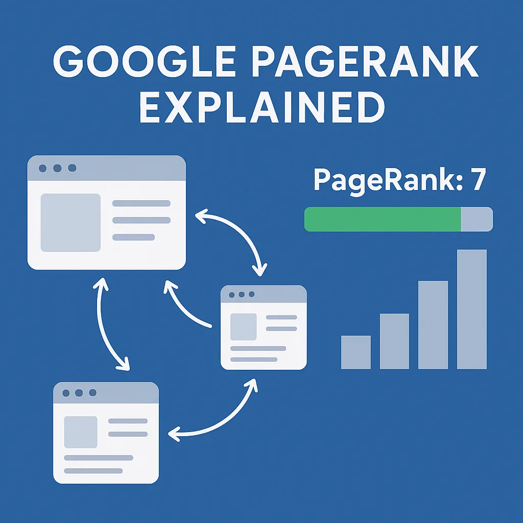 Illustration of Google PageRank explained with web pages linked by arrows, showing how authority flows between pages with a PageRank score.